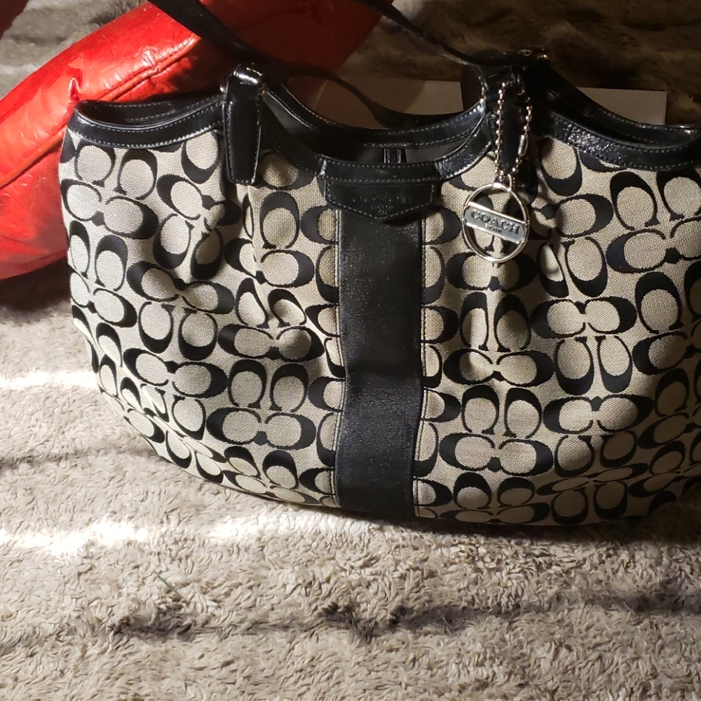 Coach Signature Canvas Black Striped Tote NWOT